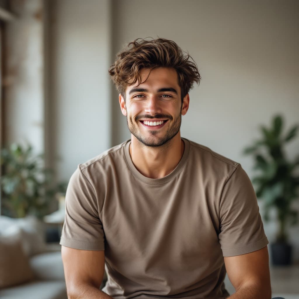 AI generated: Sharp image of a 25-year-old white American man, tousled brunette hair, relaxed expression, mocha lu...