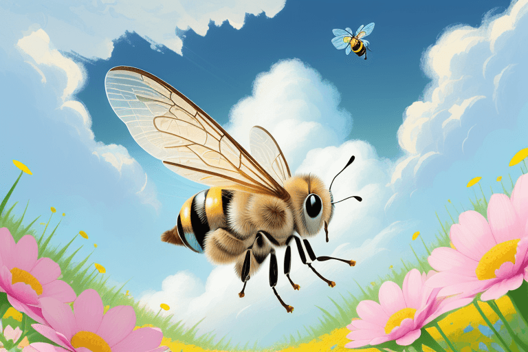 AI generated: close-up of a cute bee flies over a flower meadow, blue sky, fluffy clouds, vector art, digital pain...