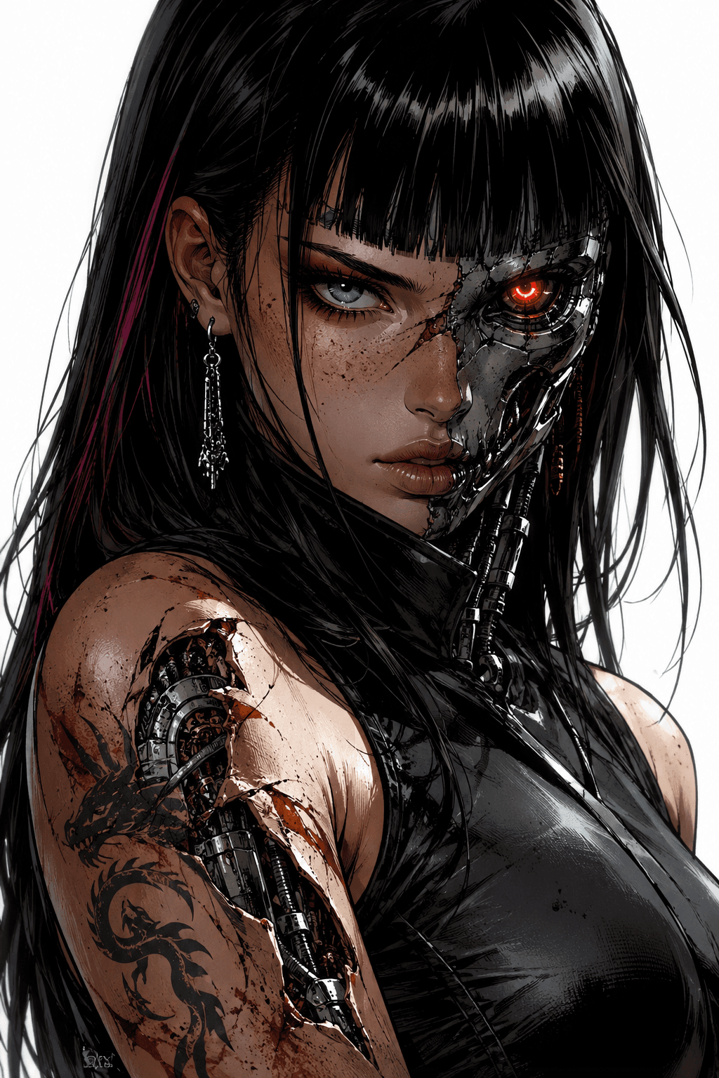 AI generated: A striking close-up portrait of a female cyborg with long, straight black hair and blunt bangs. Her ...