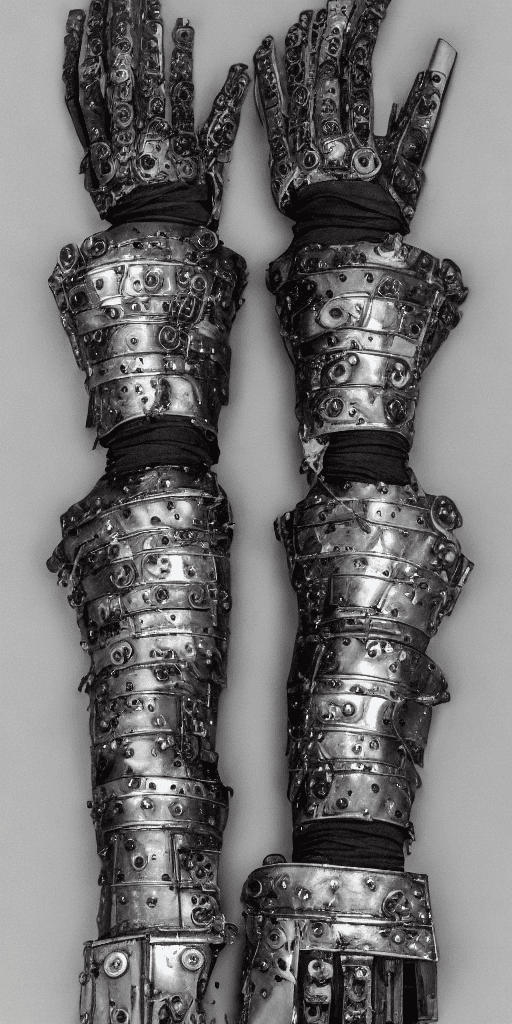 AI generated: a black and white photo of a pair of gloves, intricate renaissance armor, made up of many bits of me...