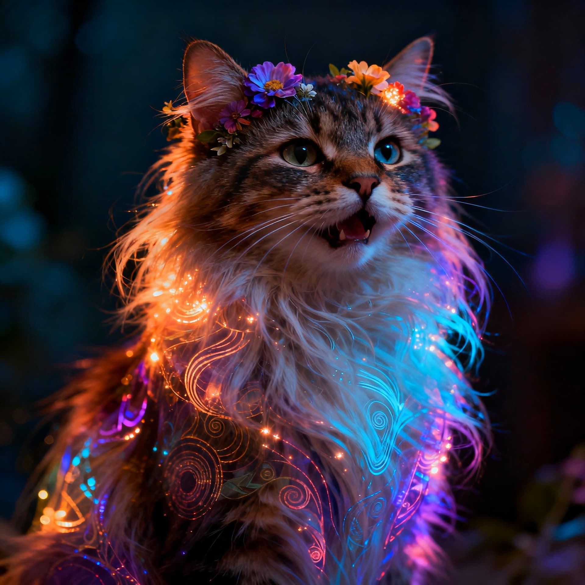 AI generated: Double exposure art, gorgeous pretty funny cat, long hair decorated with flowers,saturated color pal...