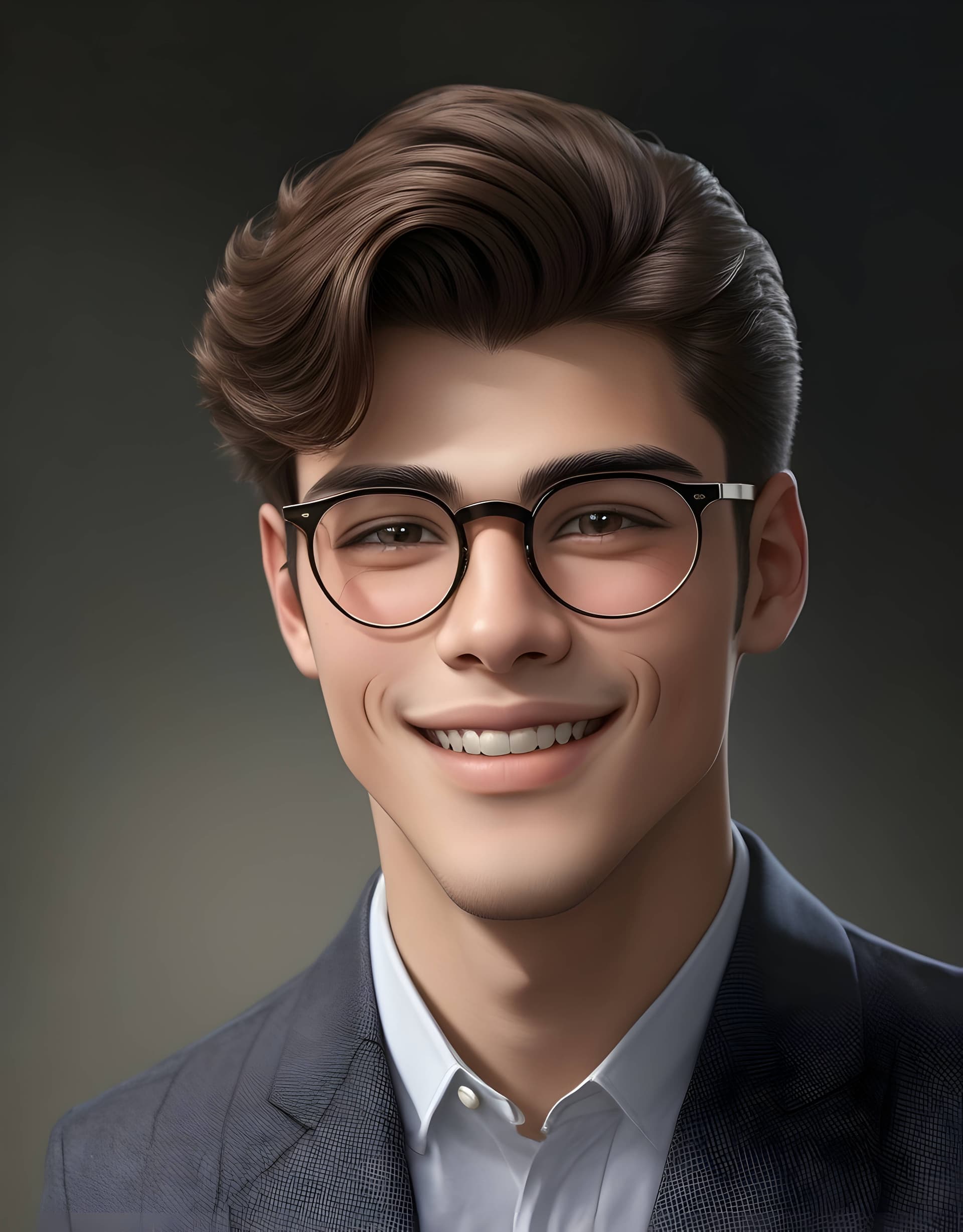 AI generated: A captivating portrait of a dashing 20-year-old young man, donning stylish round spectacles that acc...