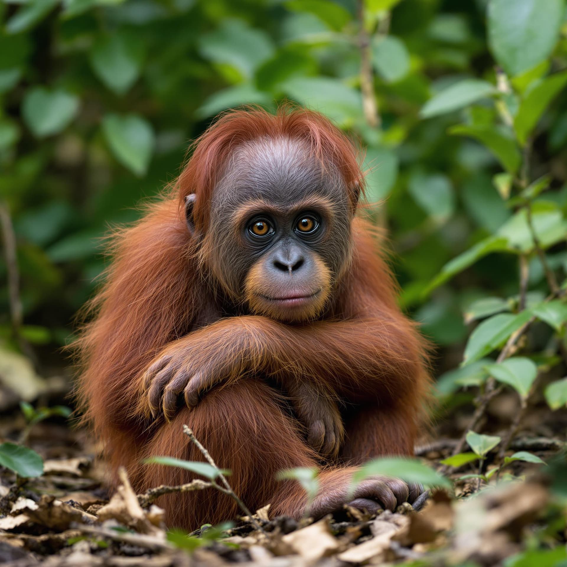 AI generated: The image depicts a young orangutan seated amidst a natural woodland setting, characterized by its d...