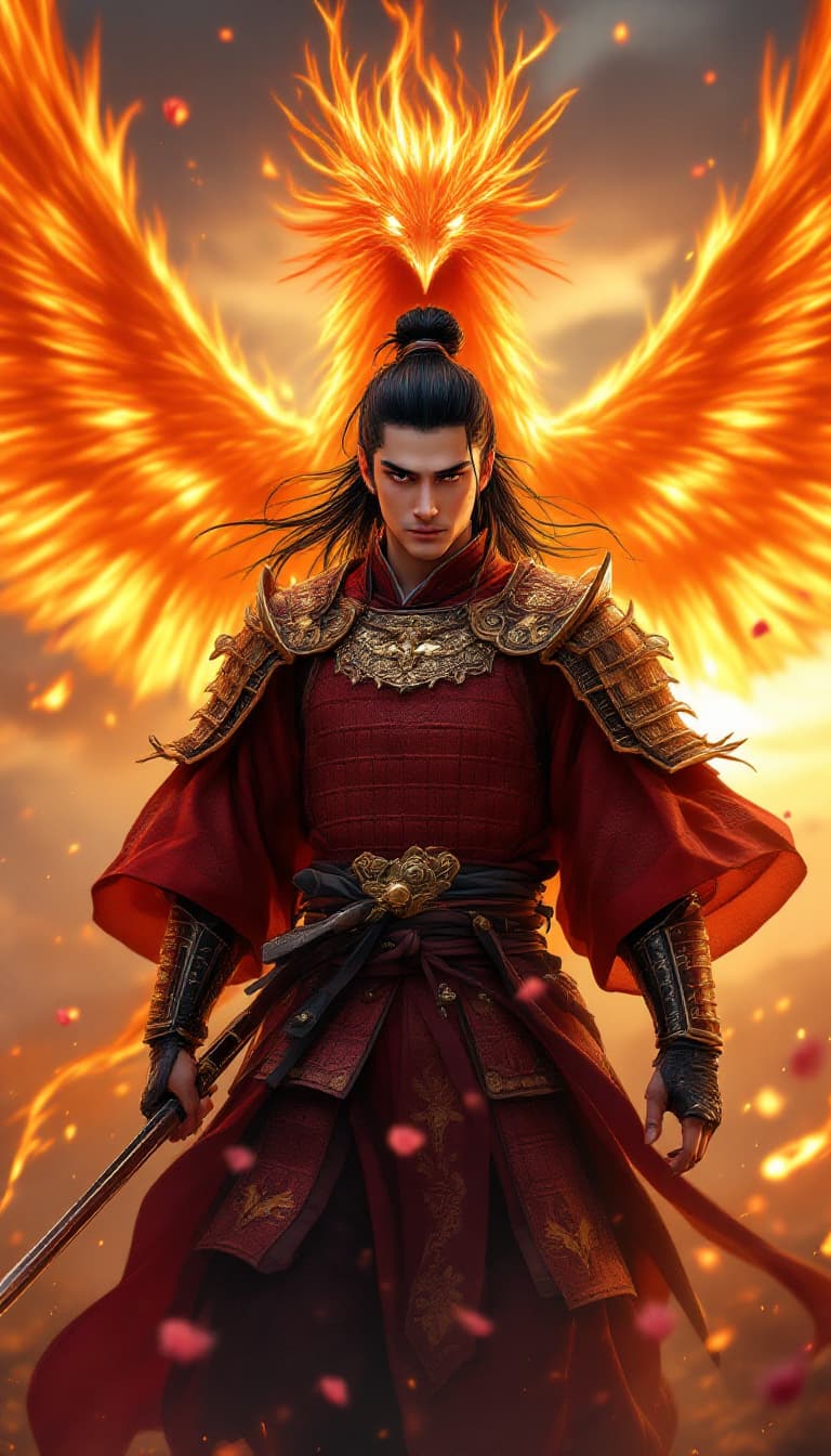 AI generated: An ultra-realistic real-life image, full-body portrait of a regal young Japanese samurai with long b...