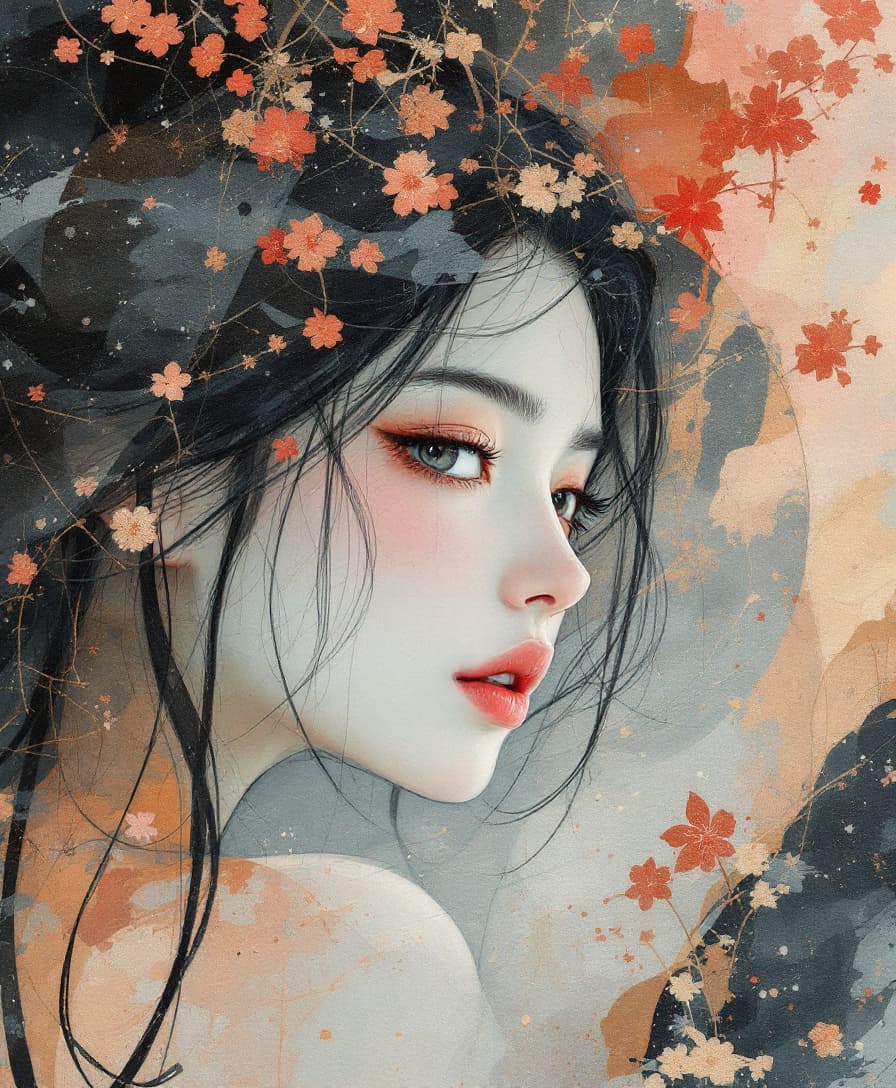 AI generated: a dreamy, abstract painting artwork portrait of a japanese woman 25 years old with her head in full ...