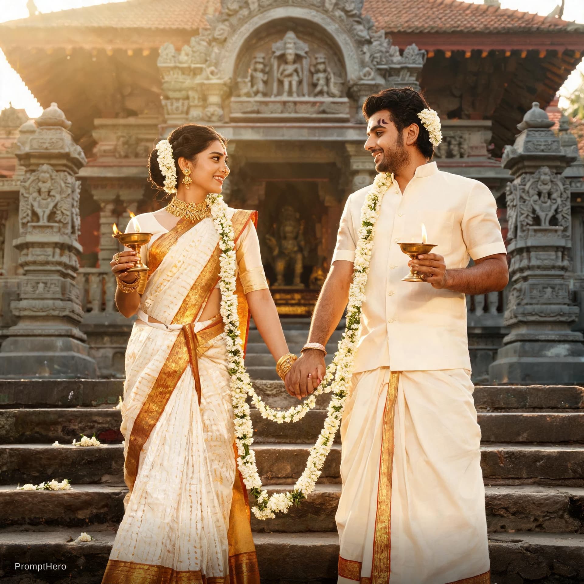 AI generated: Create a captivating image of a bride dressed in a traditional Kerala saree and a groom in a mundu, ...