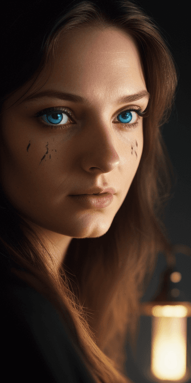 AI generated: (Blue eyes) ((dark black background)) ((face side lit with golden light lamp)) ((She is patient, pro...