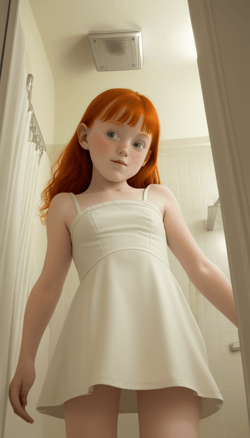 AI generated: 12-year-old ginger girl bathroom The camera shot from below. minidress open legs