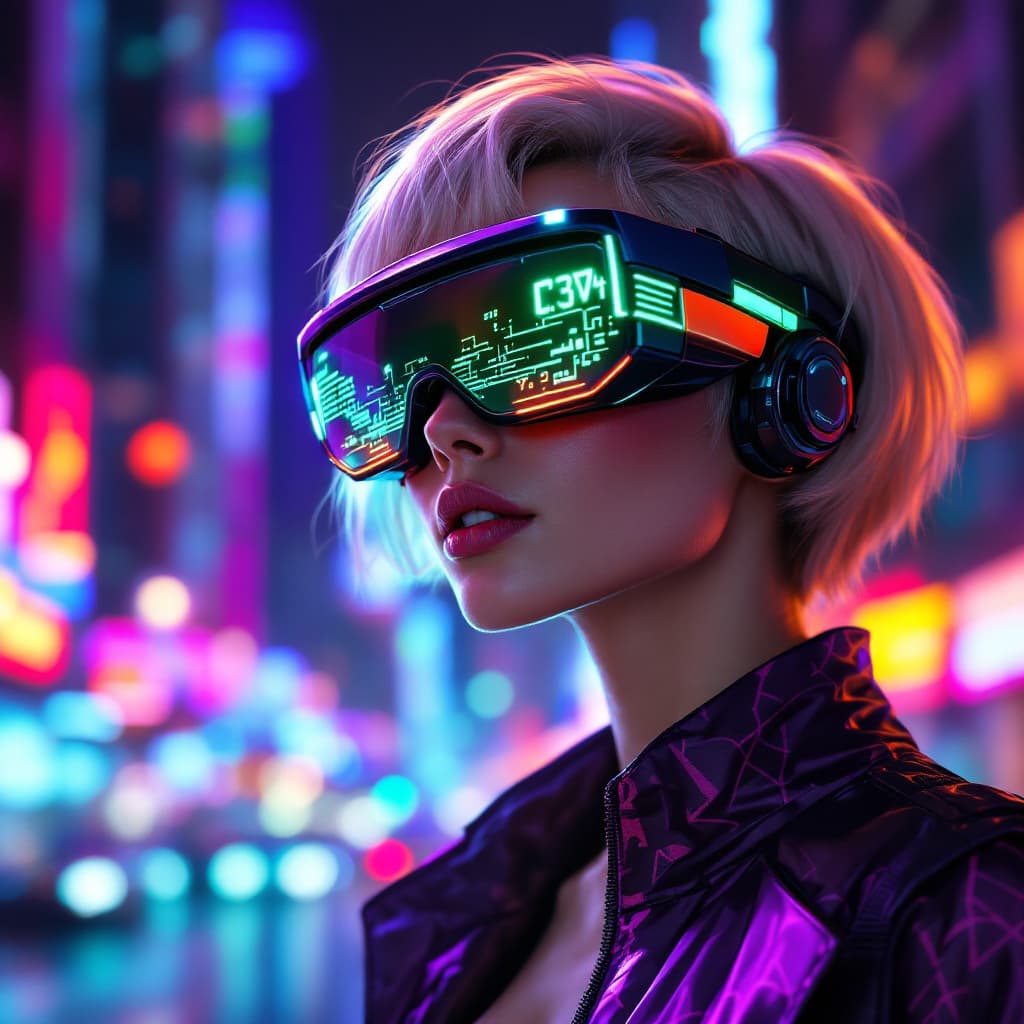 AI generated: A futuristic digital illustration features a woman wearing augmented reality glasses in a vibrantly ...