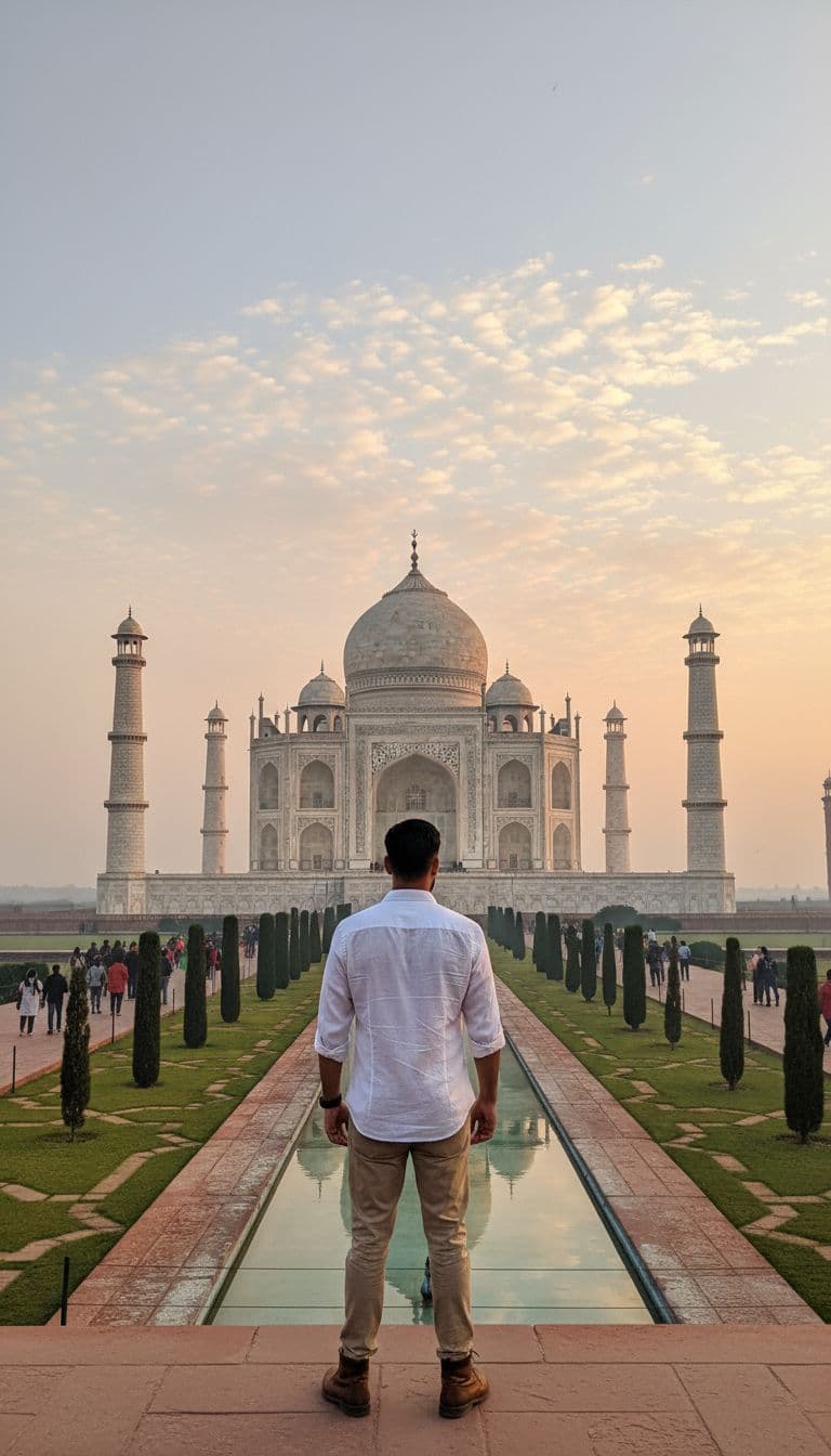 AI generated:  wide-angle shot of the Taj Mahal at sunrise, a man front of taj mahal, some people behind his  wear...