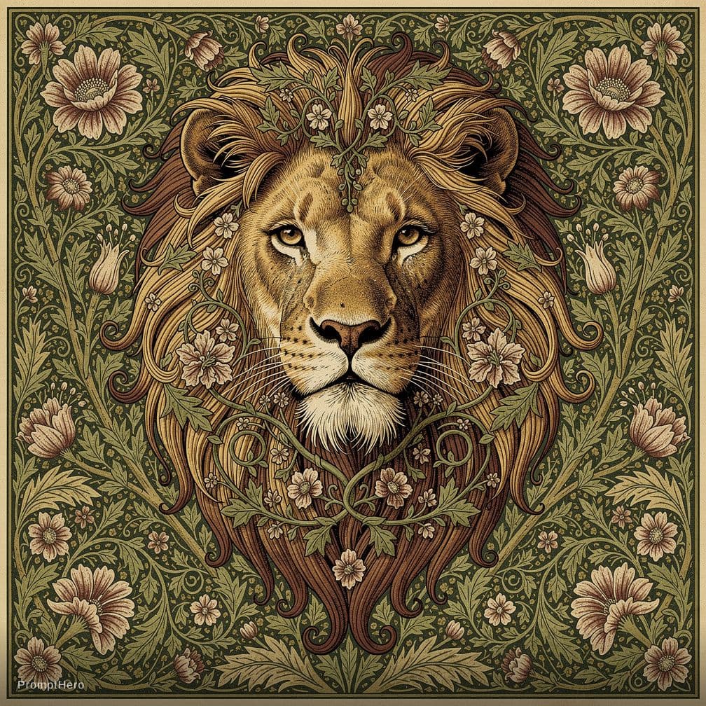 AI generated: Majestic lion portrait, noble and serene expression, long flowing mane transforming into intricate f...