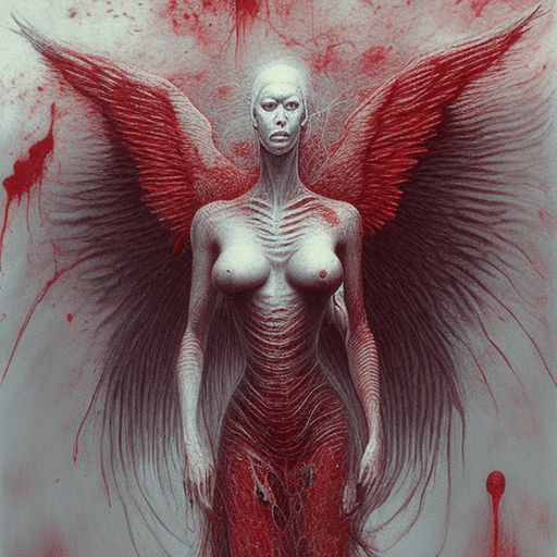 AI generated: (masterpiece, best quality), 1lady, solo, (white scaly body), halo, wings, fallen angel, black hair,...