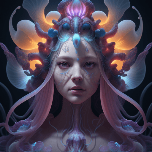 AI generated: Goddess close-up portrait ribcagel. jellyfish phoenix head, nautilus, orchid, skull, betta fish, bio...