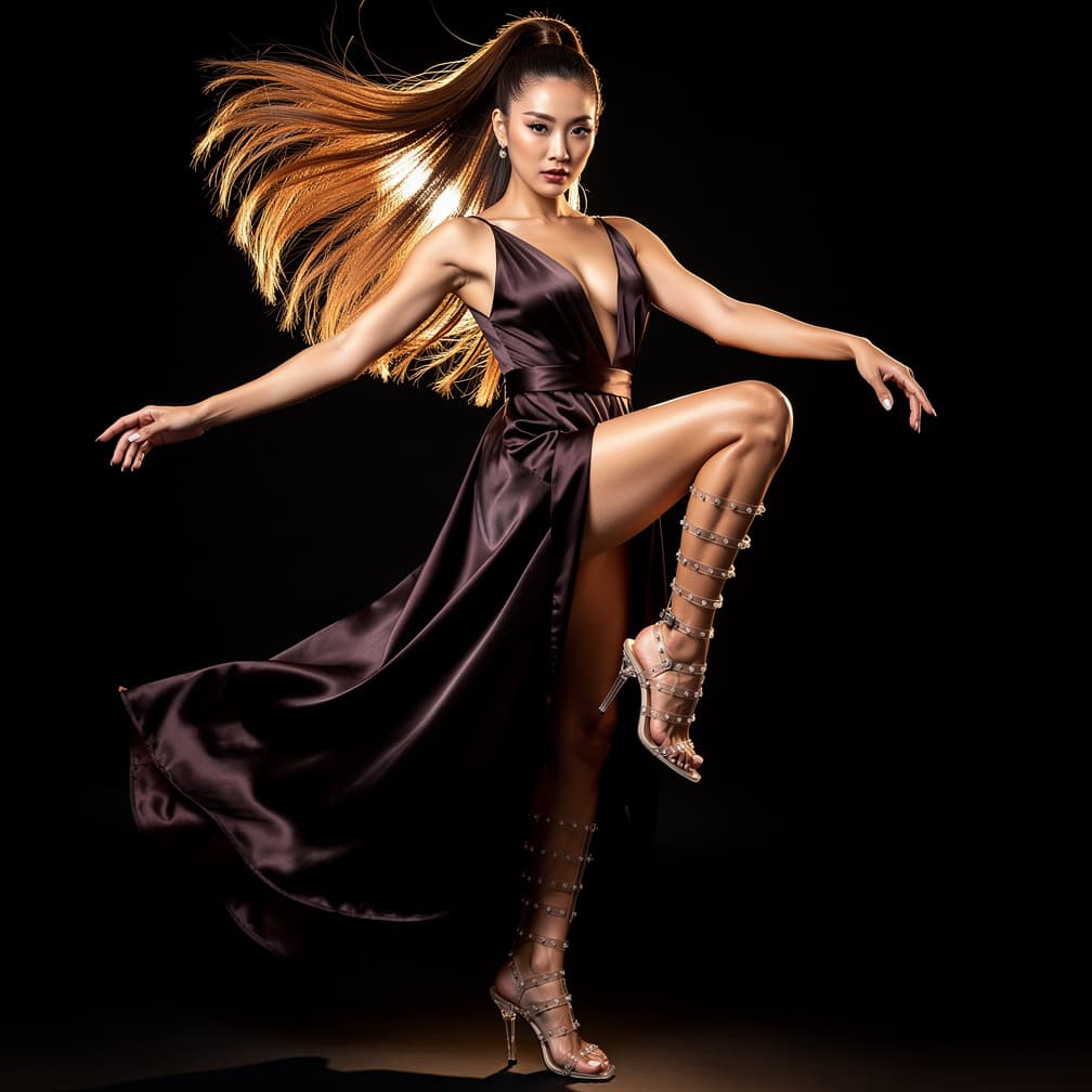 AI generated: A pretty Asian model with long, perfectly styled highlighted brown hair in a ponytail, captured in a...