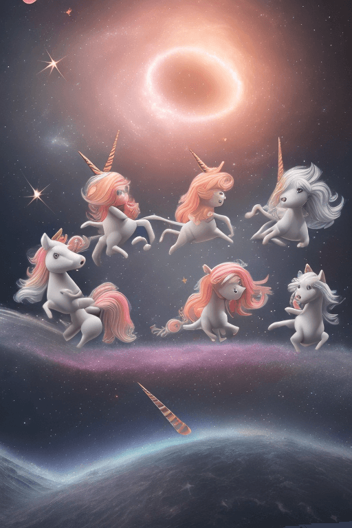 AI generated: four toddler girls riding unicorns in space overlooking a black hole, cinematic, elaborate, elegant,...