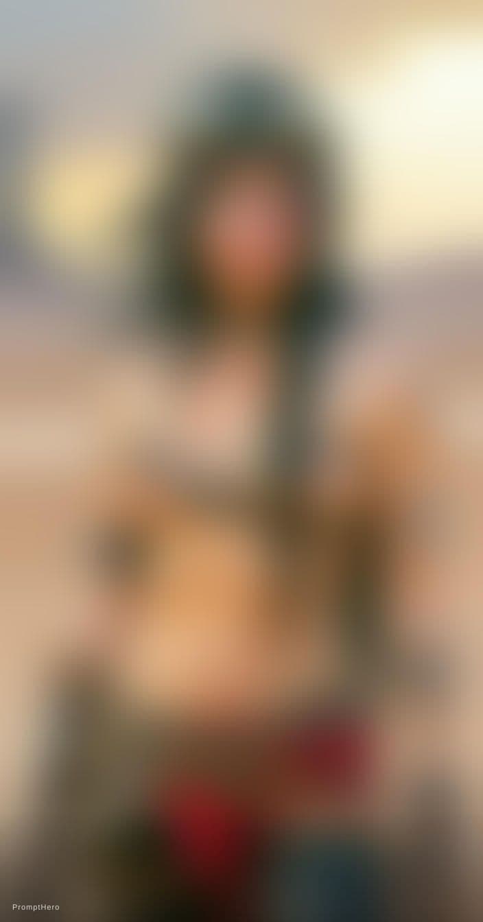 AI generated: A gritty, post-apocalyptic wasteland warrior woman stands in the desert at sunset. She has long, win...