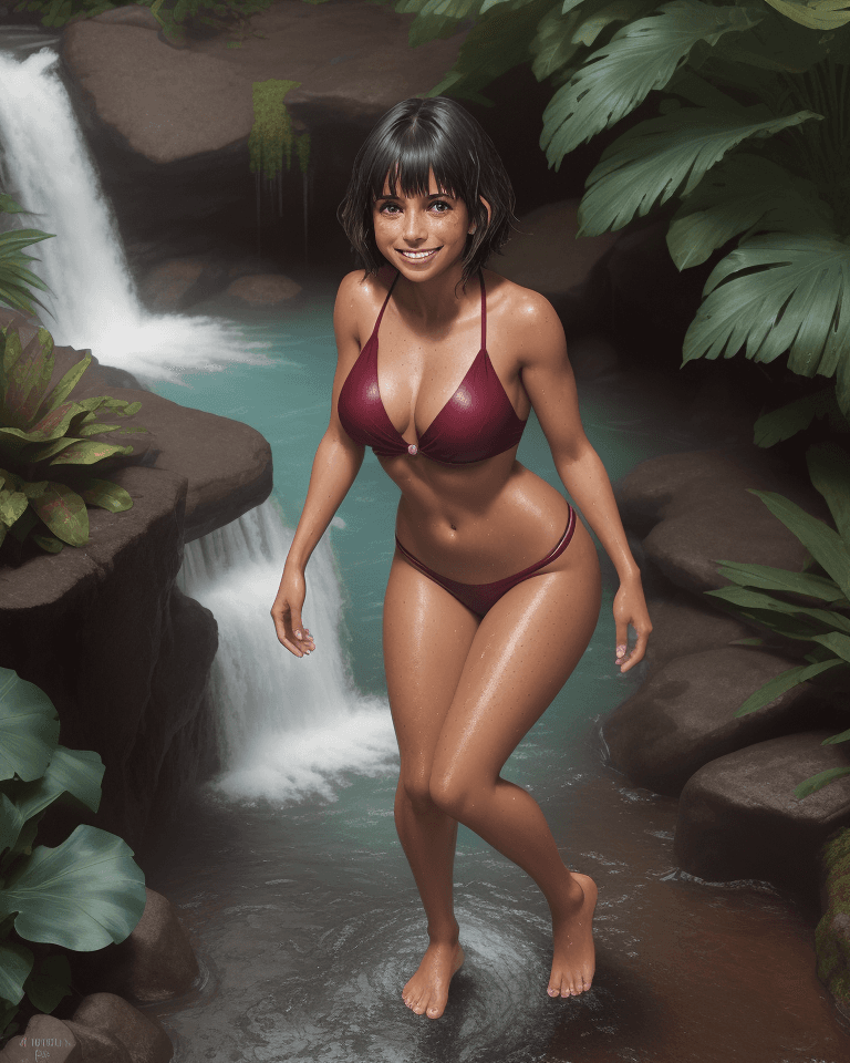 AI generated: Full body, Latina, tan, toned body, soaking wet, short dark teal hair with bangs, freckles, smiling,...