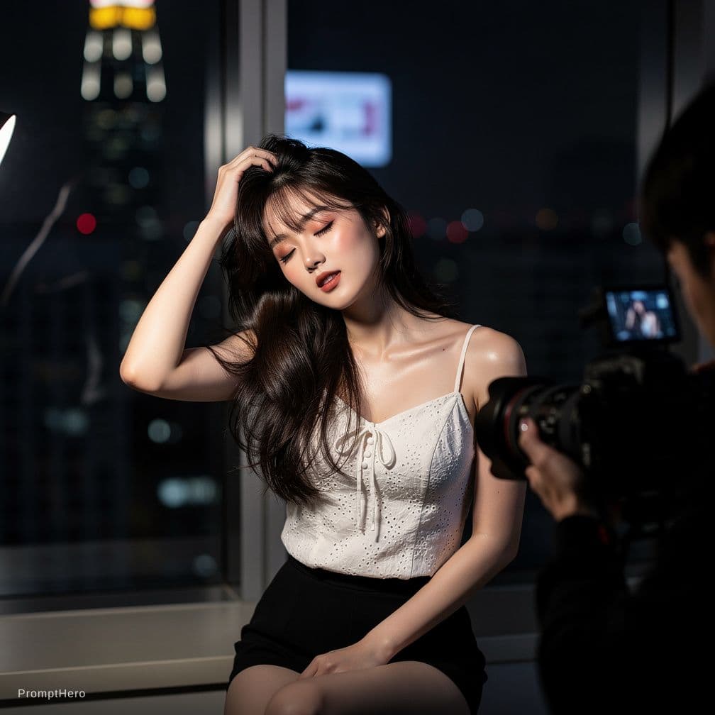 AI generated: Behind-the-scenes indoor photography at night, high-contrast. The subject is Karina from aespa, feat...