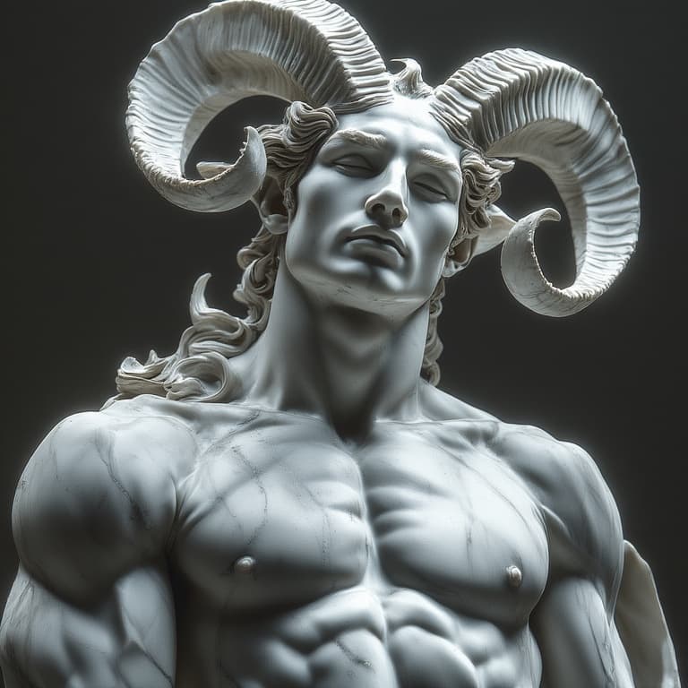 AI generated: White marble statue, horned goat-like humanoid, muscular torso, serene classical face, intricate spi...