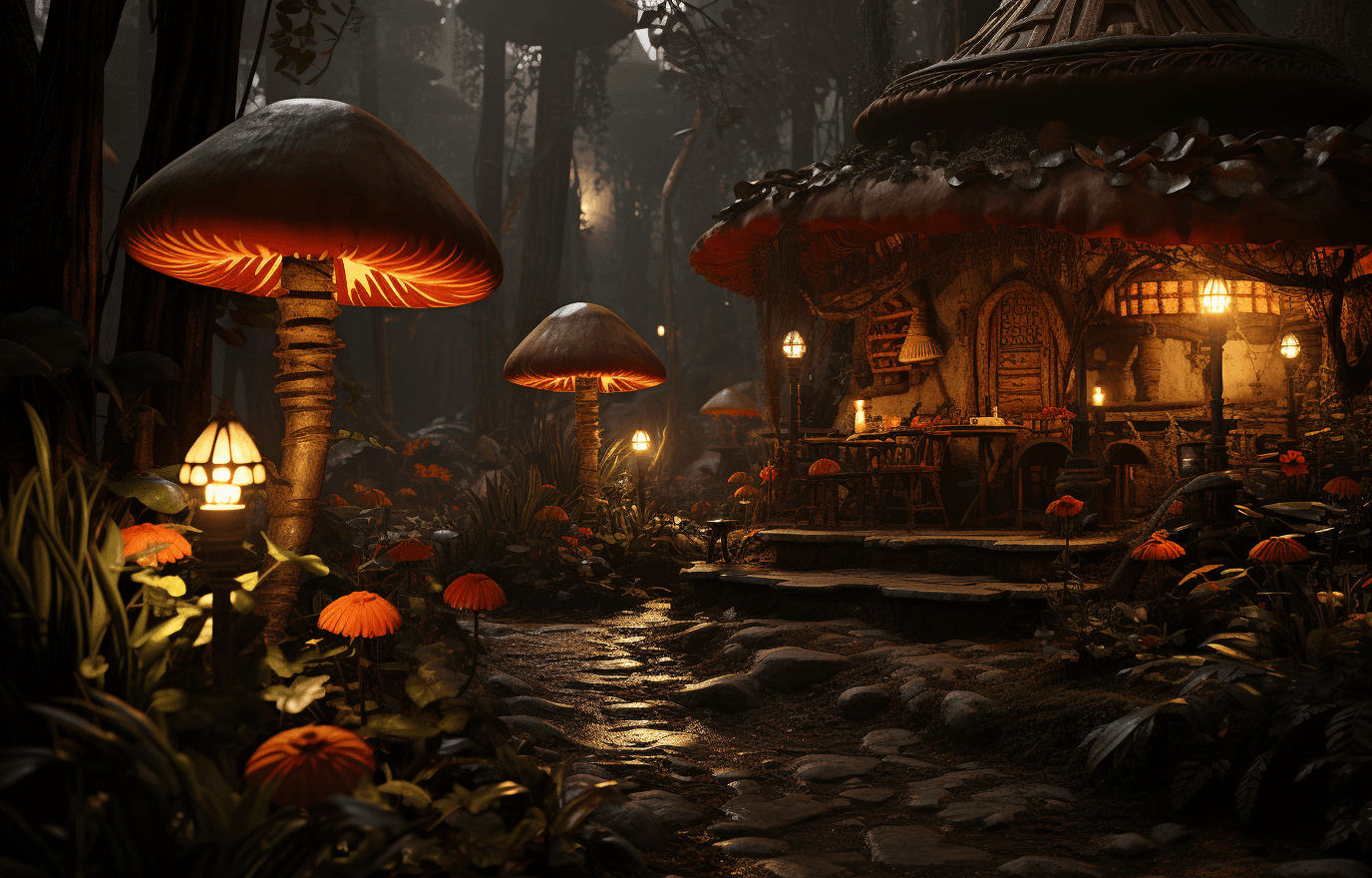 AI generated: Oscar winning detailed photography, cinematic scene, Enchanted forest, with elves, with a giant fant...