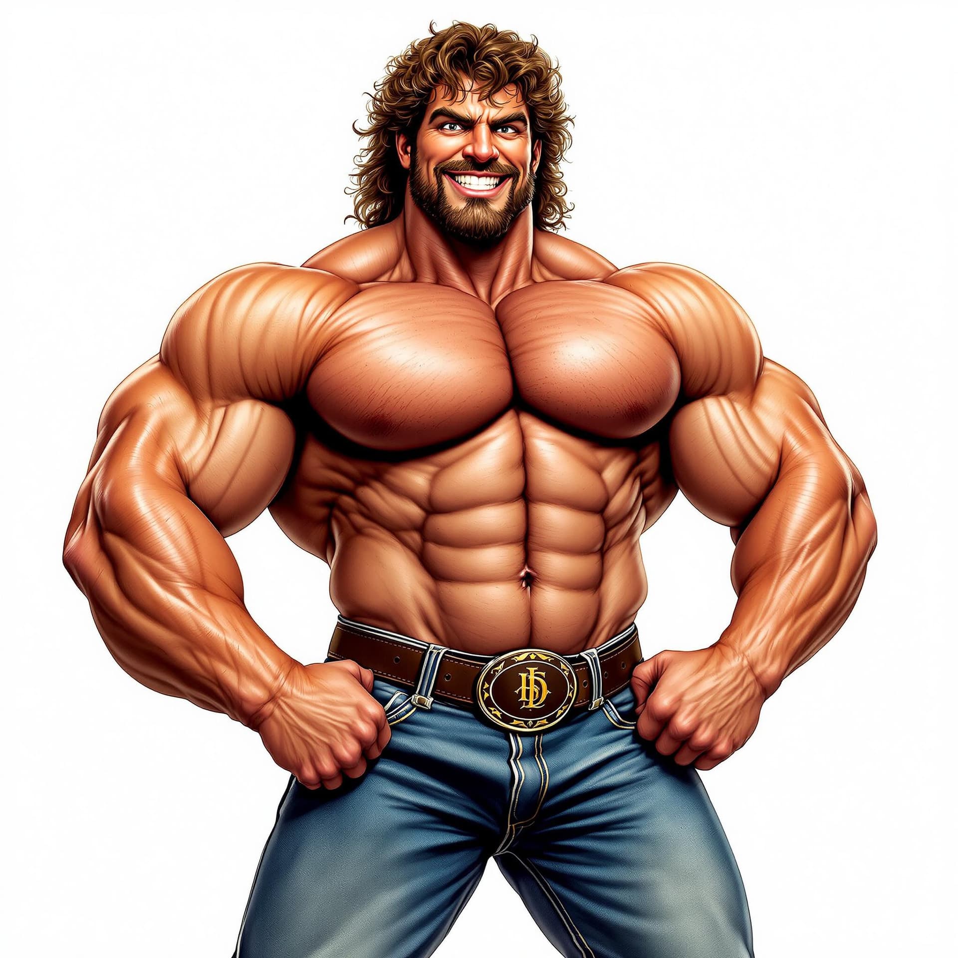 AI generated:  big dick, big muscles, cowboy, cowboy boots, jeans, oval belt buckle, bodybuilder, flexing, crotch ...