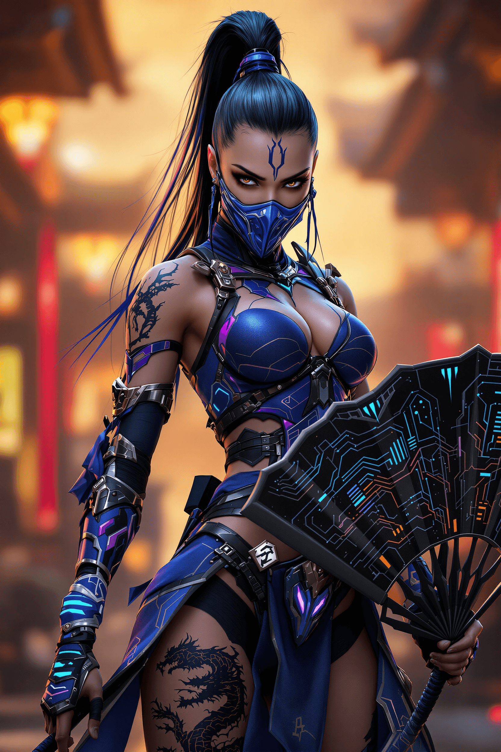 AI generated: Ultra-realistic cyberpunk Kitana, Mortal Kombat character, in an intricate blue warrior suit with pu...