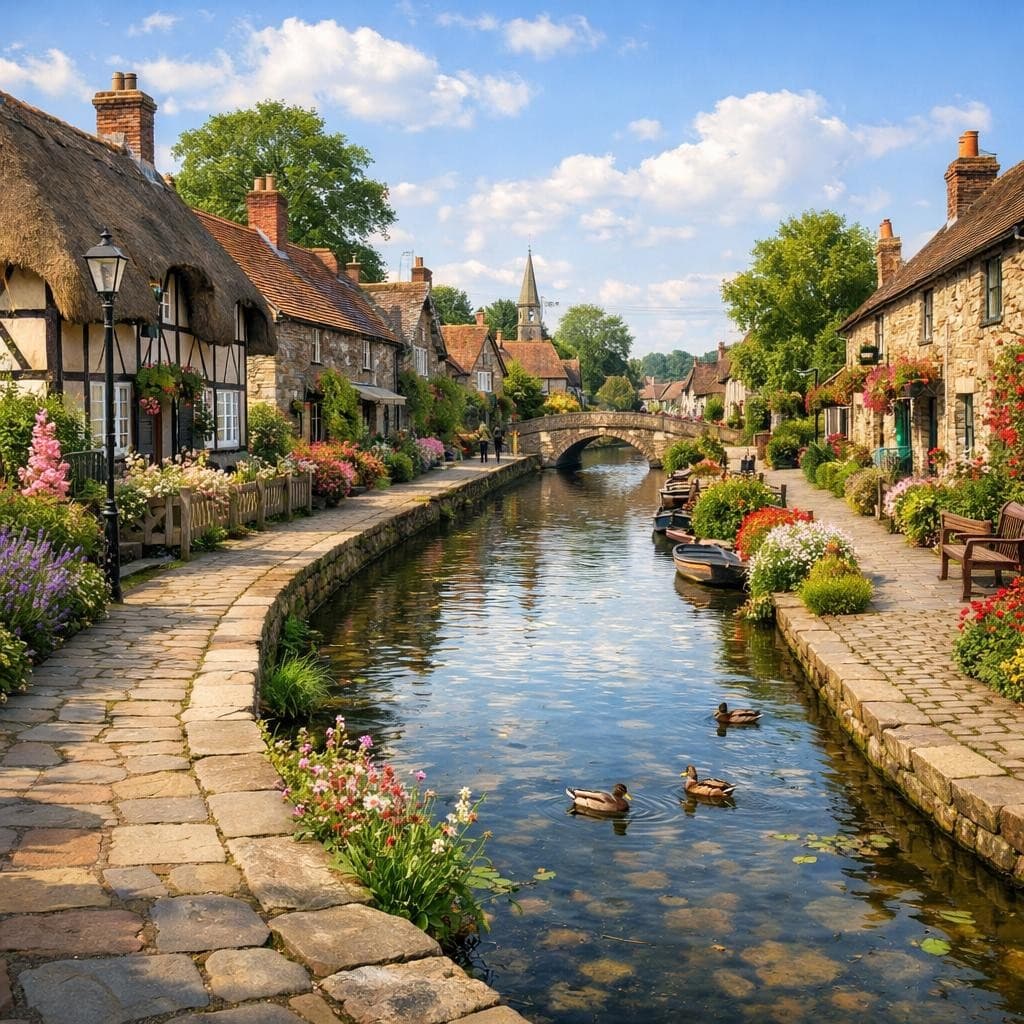 AI generated: villiage, sidewalks, canal
