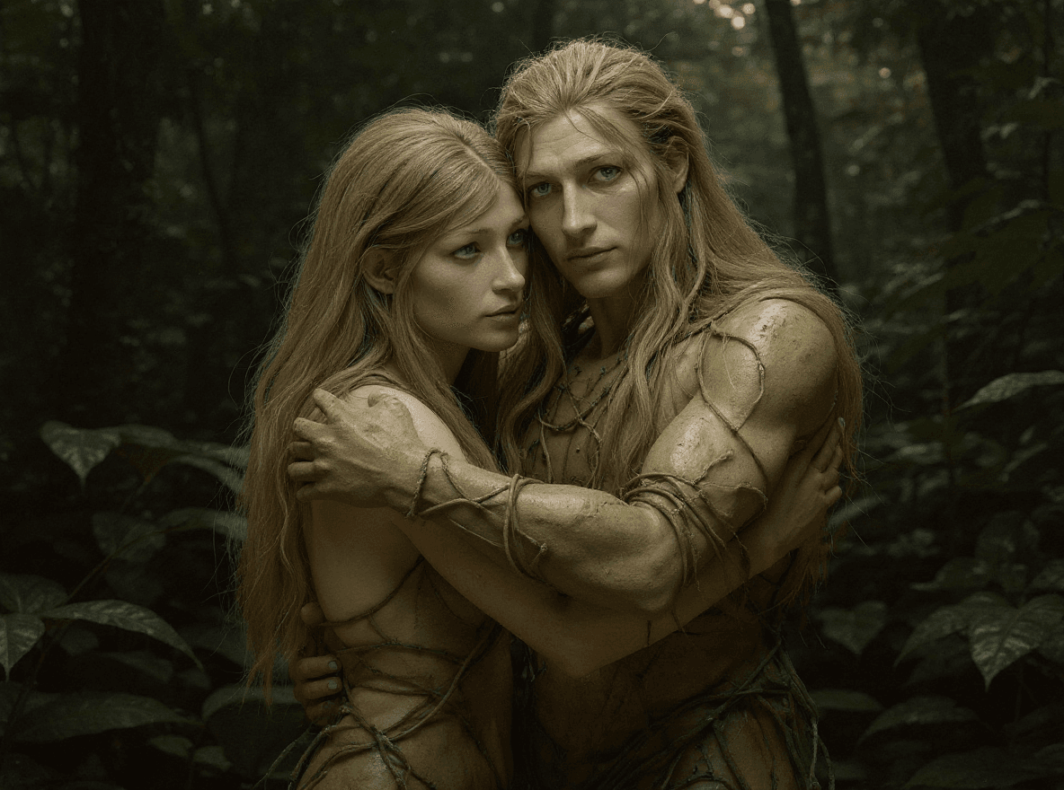 AI generated: two people hugging each other in the jungle, in the style of ethereal figures, made of vines, physic...