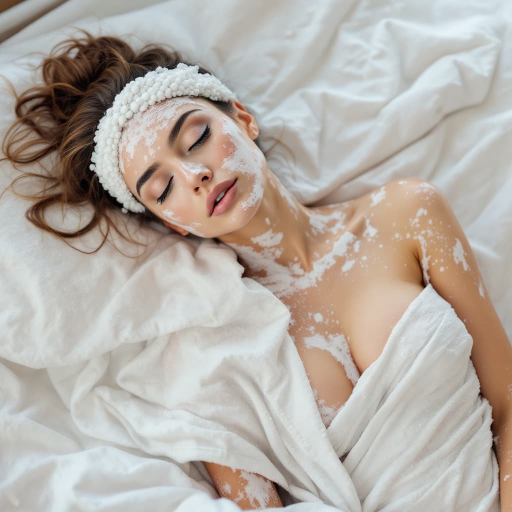 AI generated: Woman on bed covered in white splashes