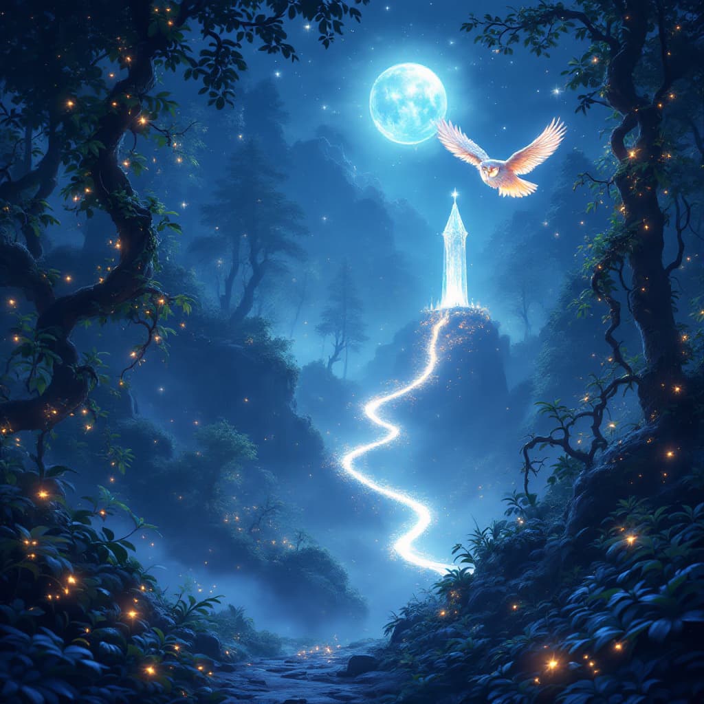 AI generated: a mystical and magical forest scene at night. The forest is bathed in soft moonlight, with glowing p...