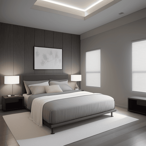 AI generated: tranquil bedroom design that emphasizes minimalism and comfort, featuring a low bed with a soft head...