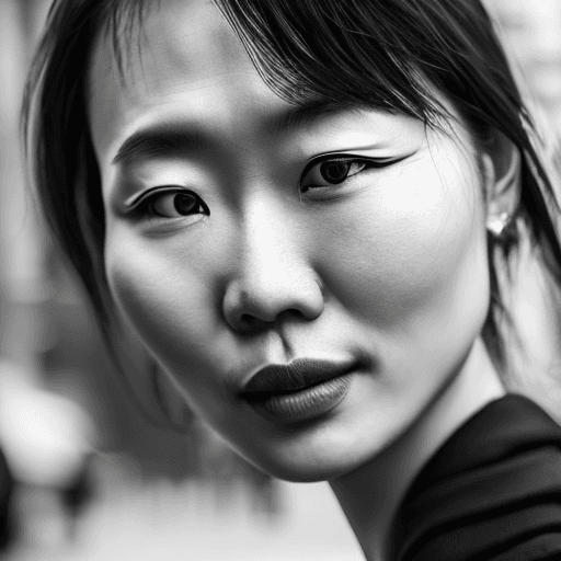 AI generated: ultra-realistic black and white photo of a beautiful Asian woman, shot on a Sony a7III, on the stree...
