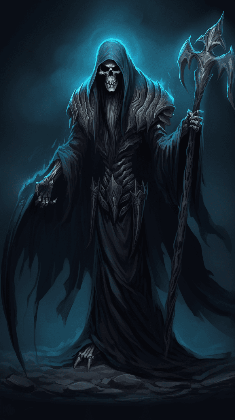 AI generated: Death, the Grimm reaper himself, holding his sickle, dark misty background::1.5 masterpiece, giganti...