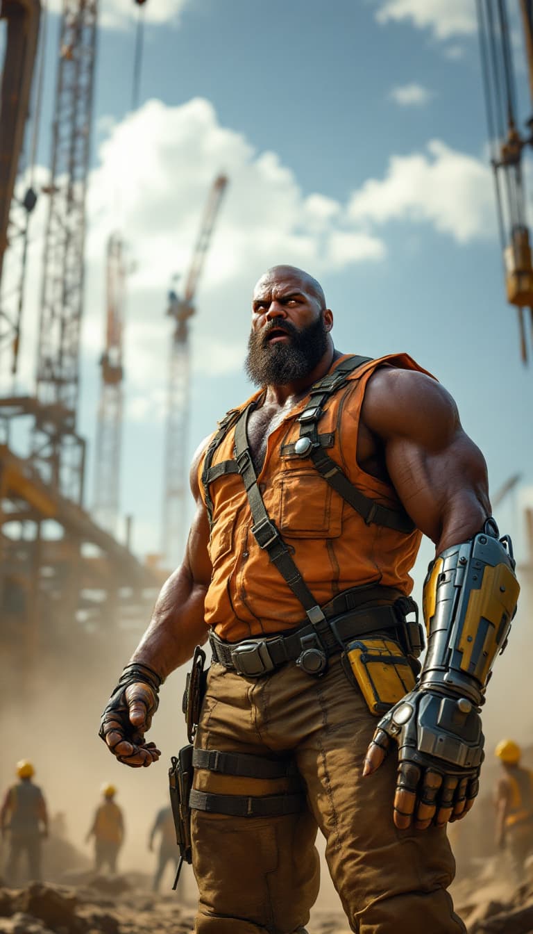 AI generated: A photorealistic candid shot of a towering, muscular man with dark skin, a thick beard, and an inten...