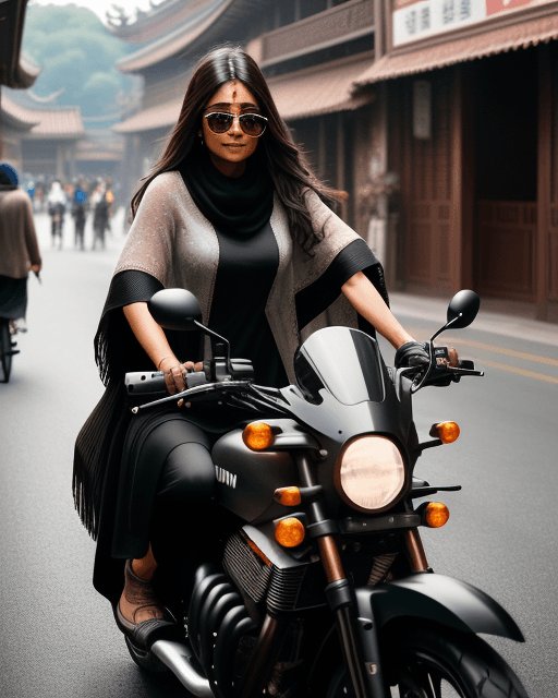 AI generated: Indian woman with very long dark brown hair and wearing round sunglasses, a black Argentinian poncho...