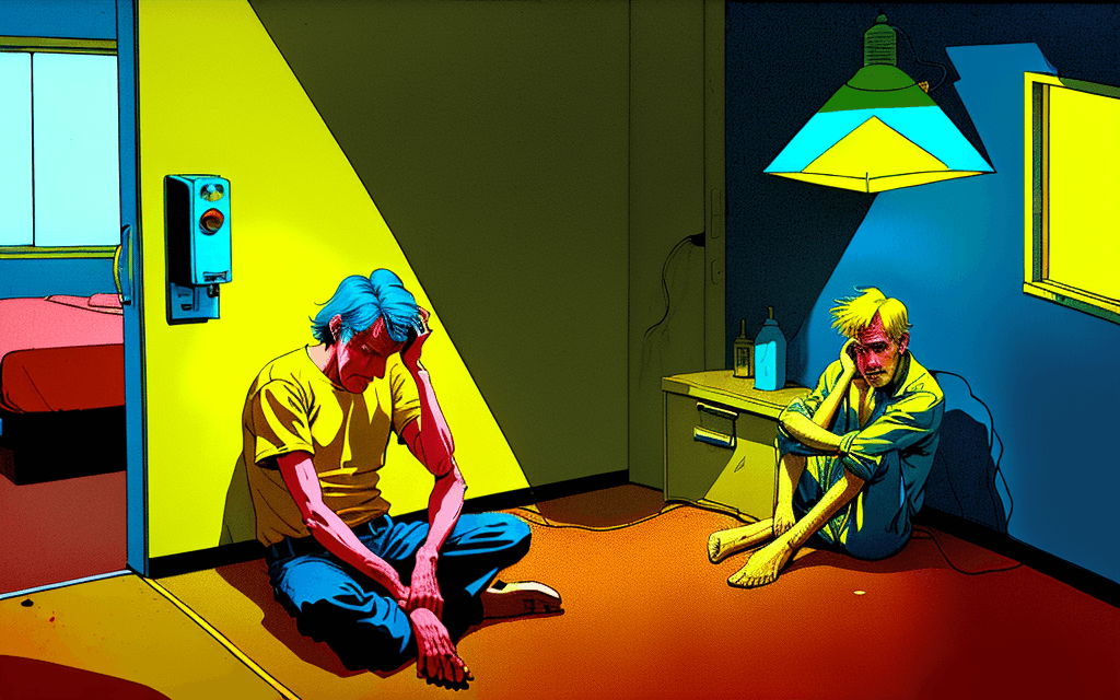 AI generated: A man sitting on the floor of a US roadside motel. The man is desperate with his hands on his head. ...
