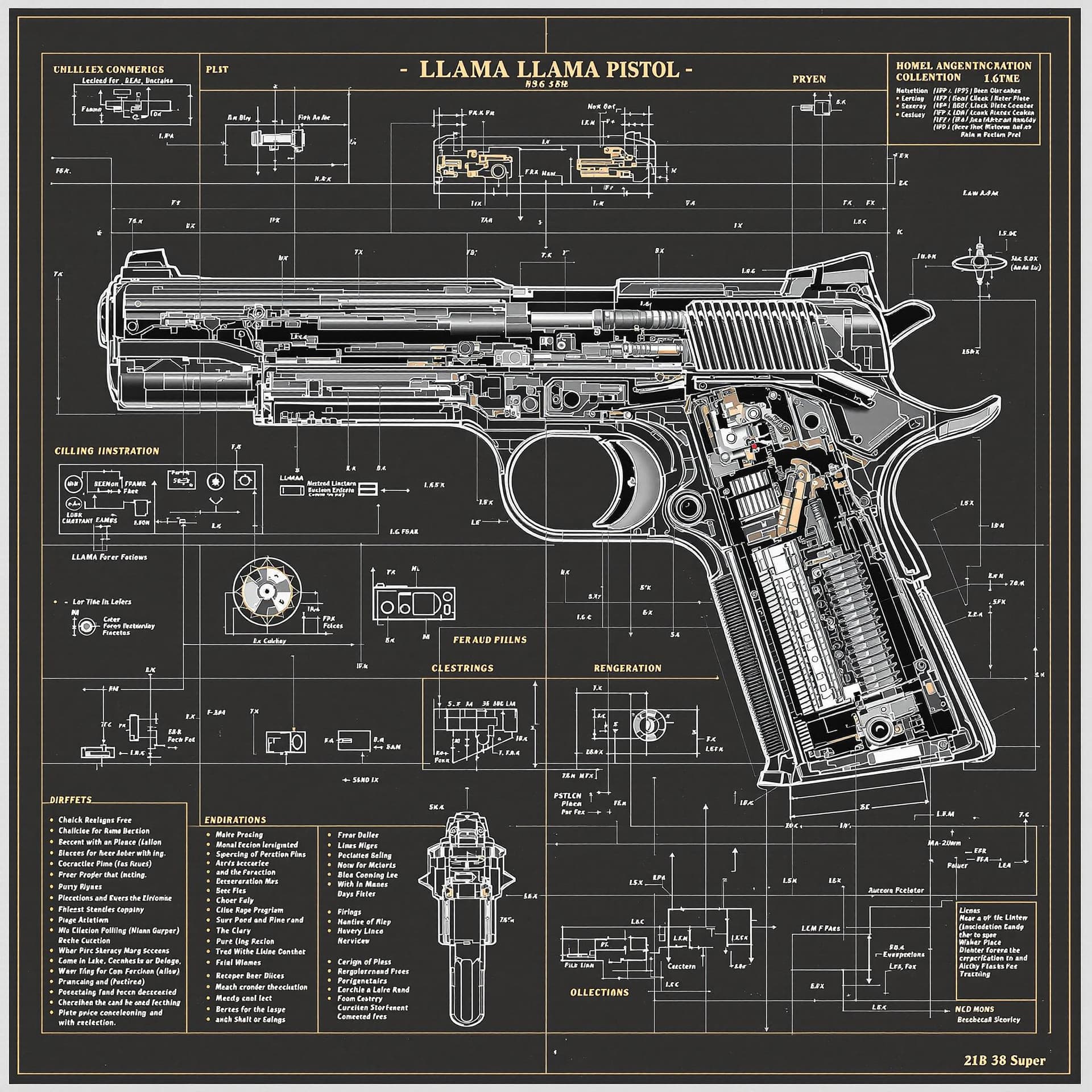 AI generated: a Llama 1911 38 super, pistol schematic showcasing a cutaway design that reveals its internal struct...