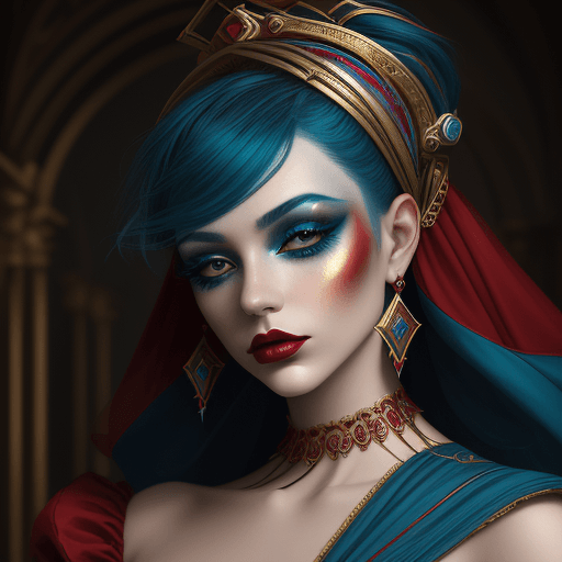 AI generated: beautiful red, blue and gold makeup on a woman, in the style of venetian scenes, hyperrealistic scul...