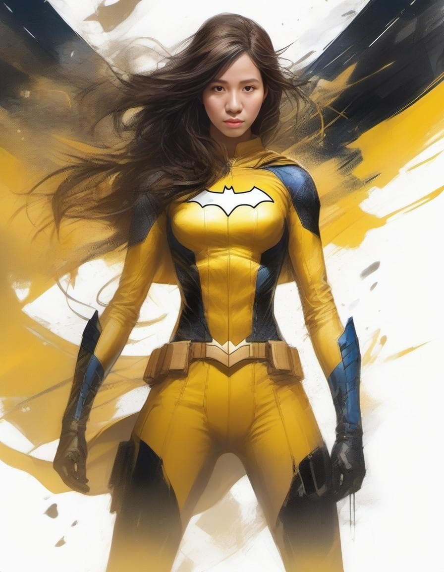 AI generated: a masterpiece, batgirl/supergirl from dc comic wearing alternate yellow costume, coy and alluring, f...
