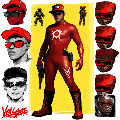 AI generated: JOHN BOYEGA IN A RED SPANDEX SUIT, WITH YELLOW GLOVES AND BOOTS , SUNGLASSES AND RED BACKWARDS CAP H...