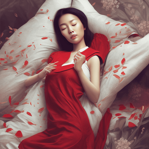 AI generated: asian woman laying on a bed in red on t shirt, in the style of karol bak, uniformly staged images, s...