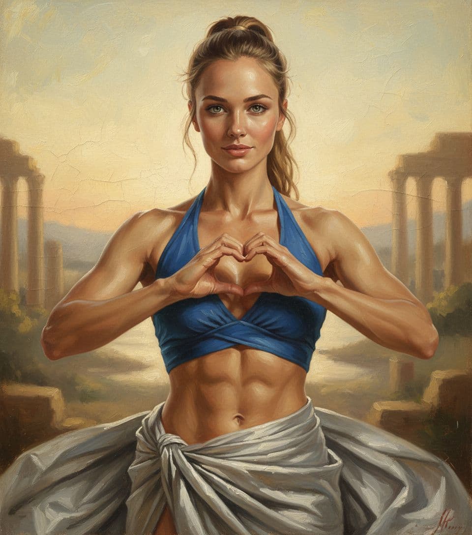 AI generated: Neo-classical style painting with visible craquelure effect of a semi muscular woman, green/grey yea...