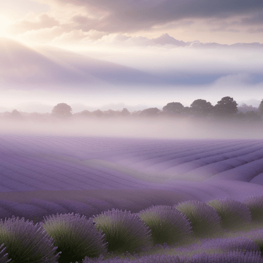 AI generated: Generate an image that exudes serenity and calmness, with a misty morning atmosphere over a lavender...