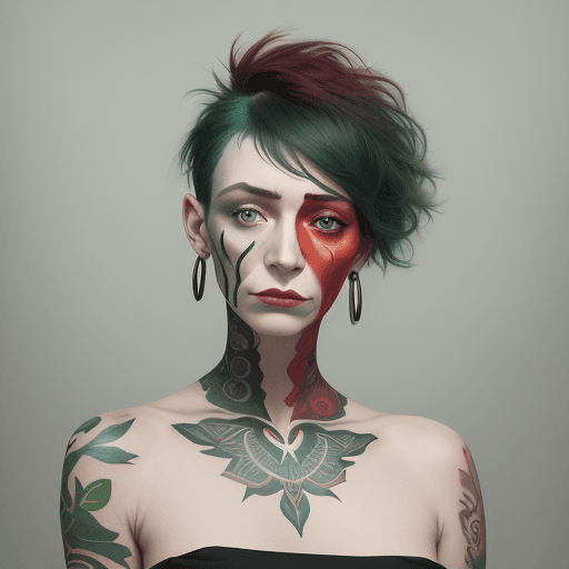 AI generated: Woman with colorful head tattooed on her face, cyclorama style, dark green and red, gesture painting...