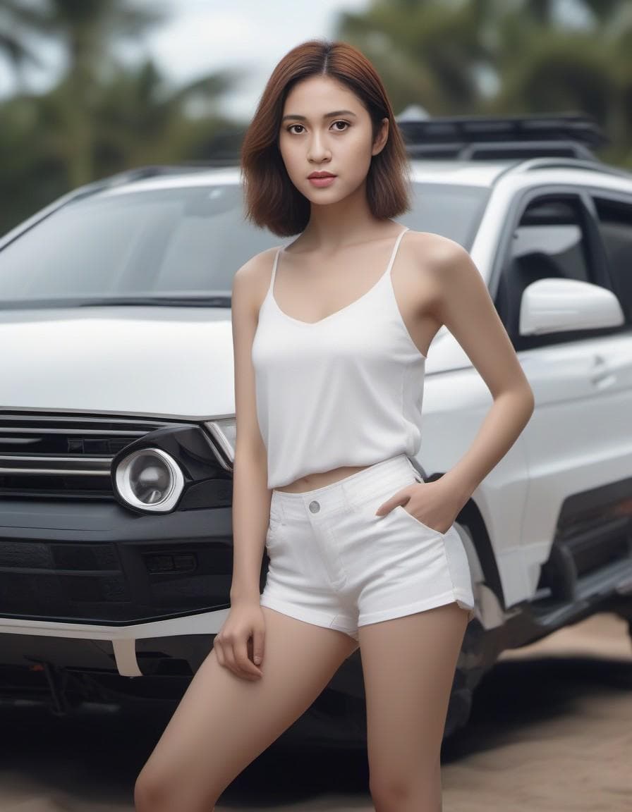 AI generated: a woman in white short shorts poses next to her car, in the style of uncanny valley realism, photore...