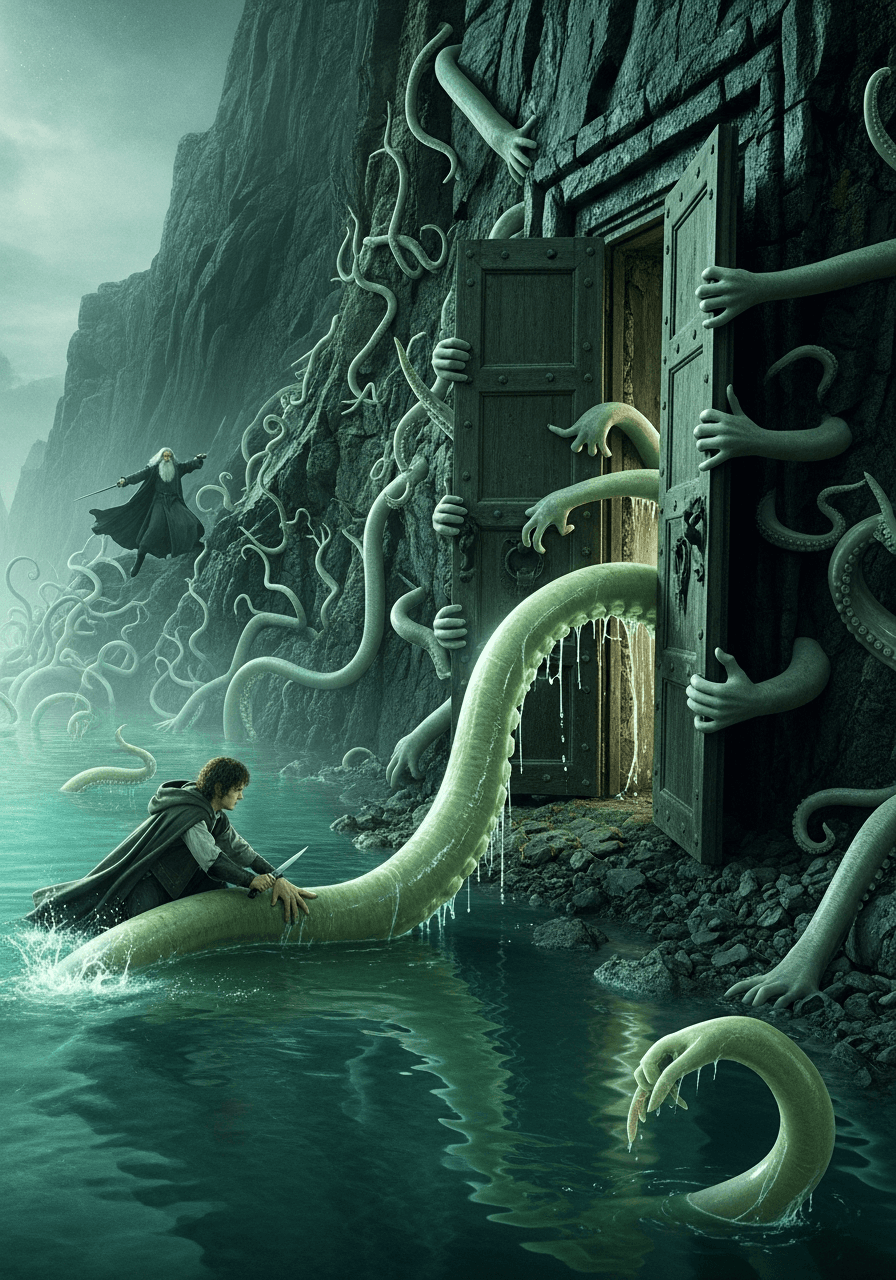 AI generated: Create an eerie atmospheric photorealistic image inspired by the film 'The Lord of the Rings'. The s...
