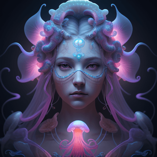 AI generated: Goddess close-up portrait ribcagel. jellyfish phoenix head, nautilus, orchid, skull, betta fish, bio...