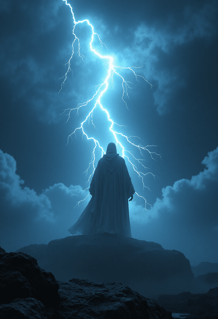 AI generated: Prompt: A dramatic scene featuring a god of thunder, depicted as an imposing figure standing amidst ...