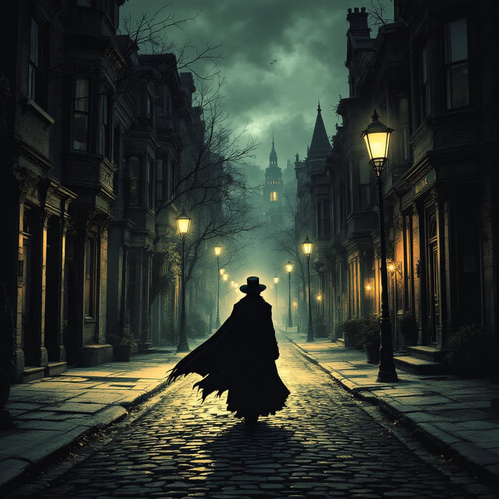 AI generated: An image in a Victorian Penny Dreadful comic of a dimly lit Victorian American street shadows creep ...