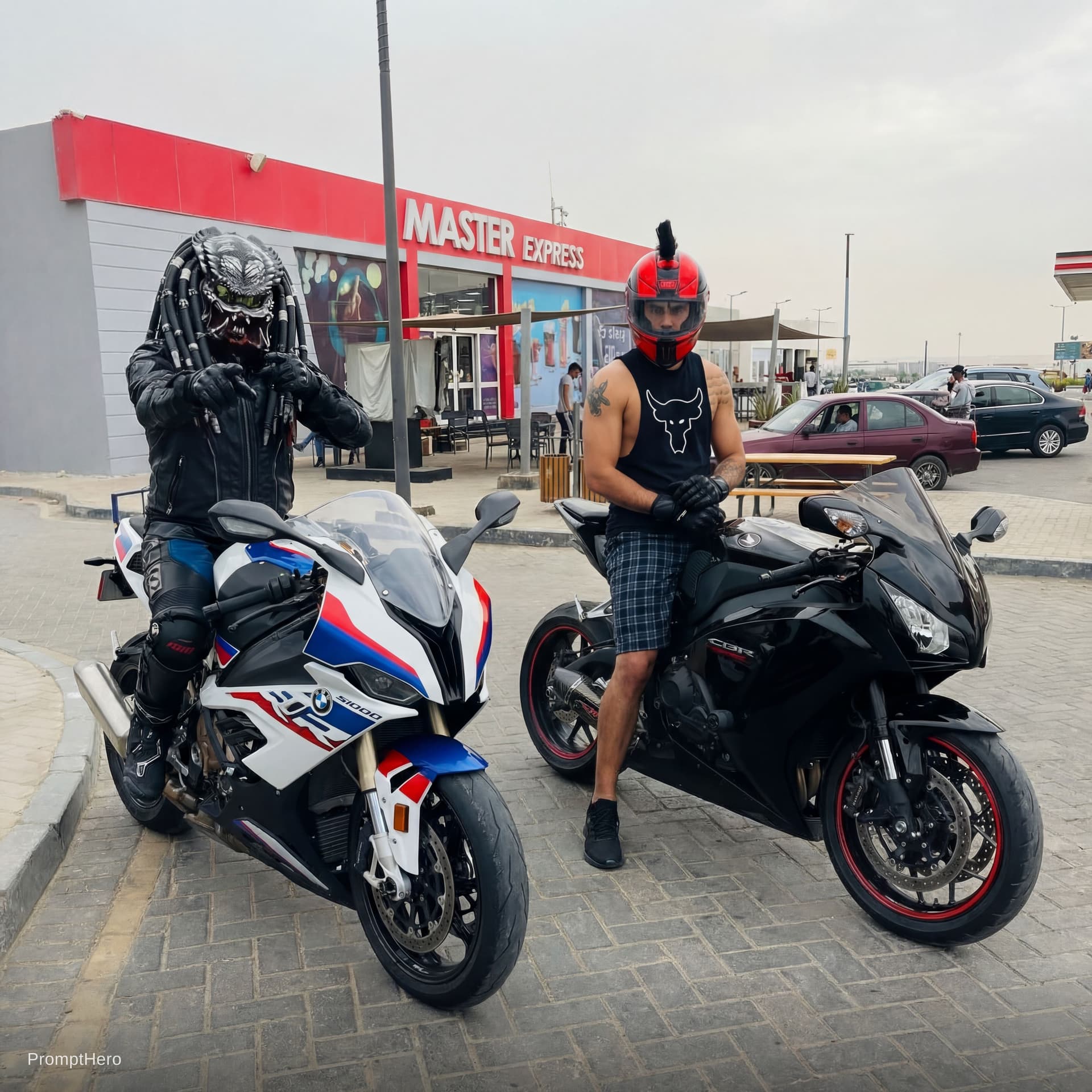 AI generated: Add the biker on the bike in the road uploaded, add the second one beside me 